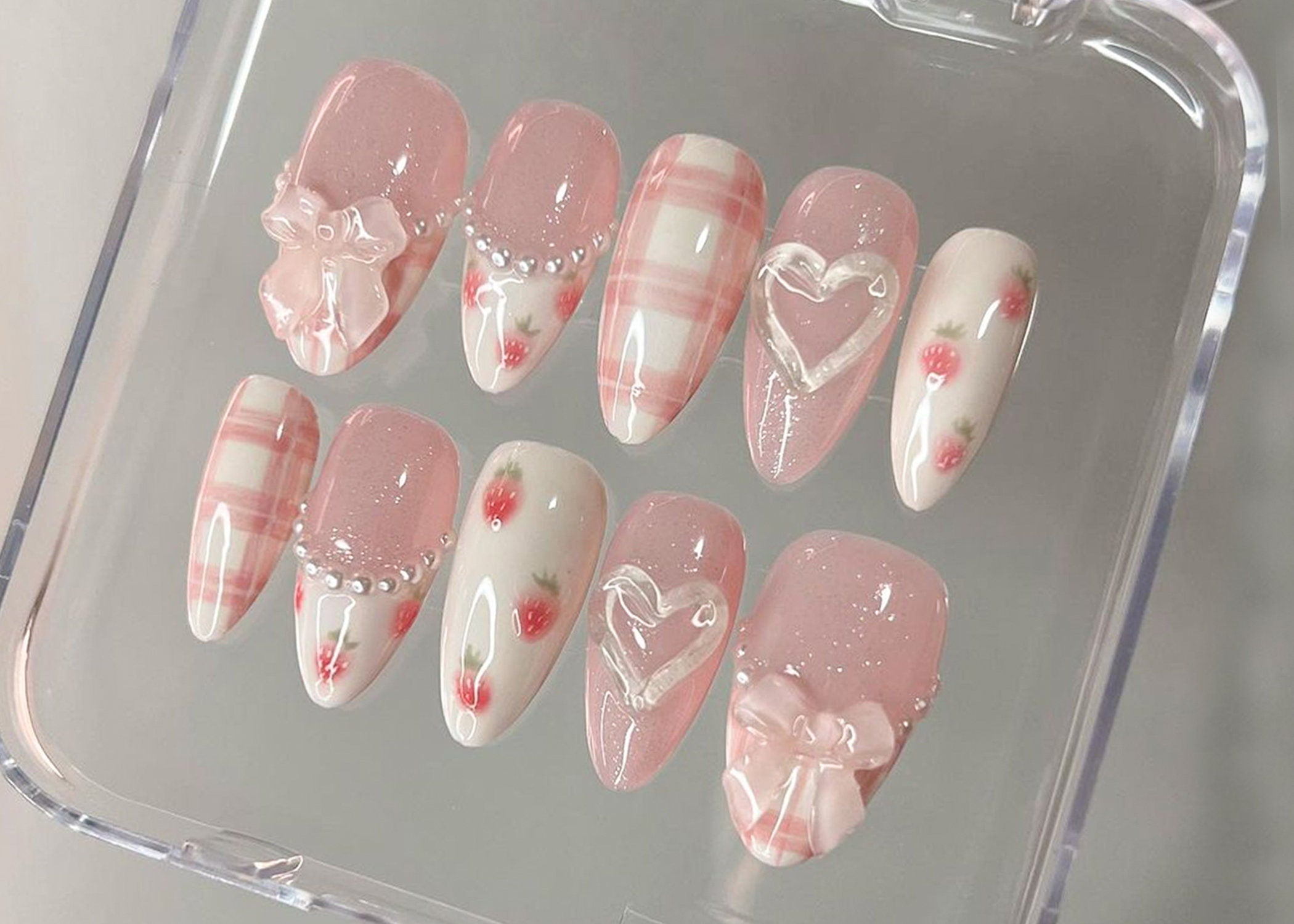 Dreamy Pink Press On Nails | Nail Set With Strawberry Design | Cute Bow and Heart Nail Art | Adorable 3D Raised Art |mother day gift| HD180T
